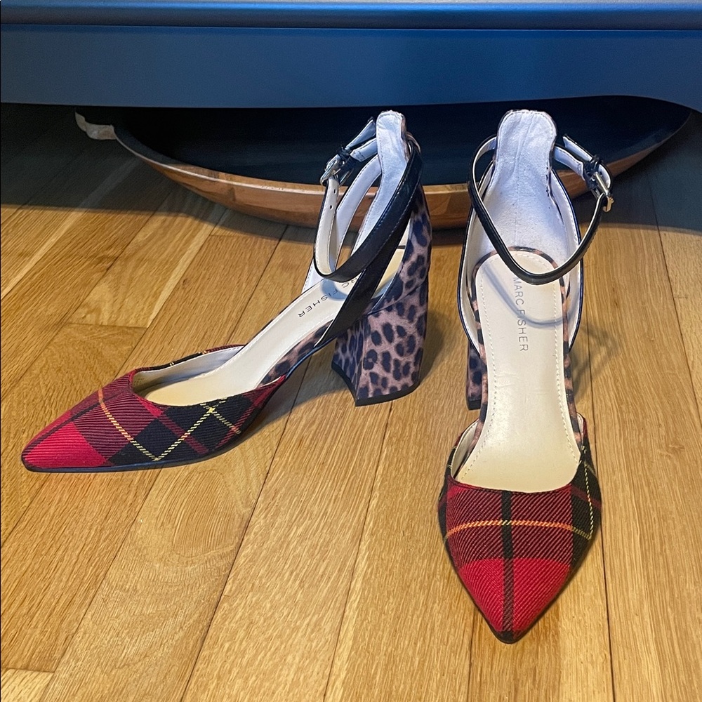 Marc Fisher Red Plaid and Leopard Heels BRAND NEW, NEVER WORN